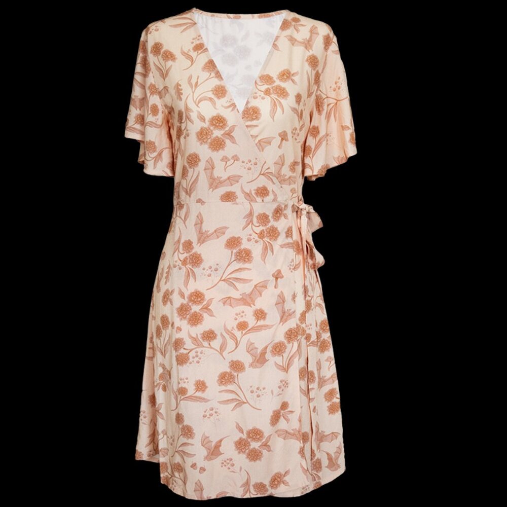 Ectogasm Peach Wrap Dress Bats & Mums Print NWT Unique Not Mass Produced